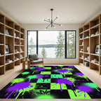 Neon Purple Green Splatter Checkered Rug