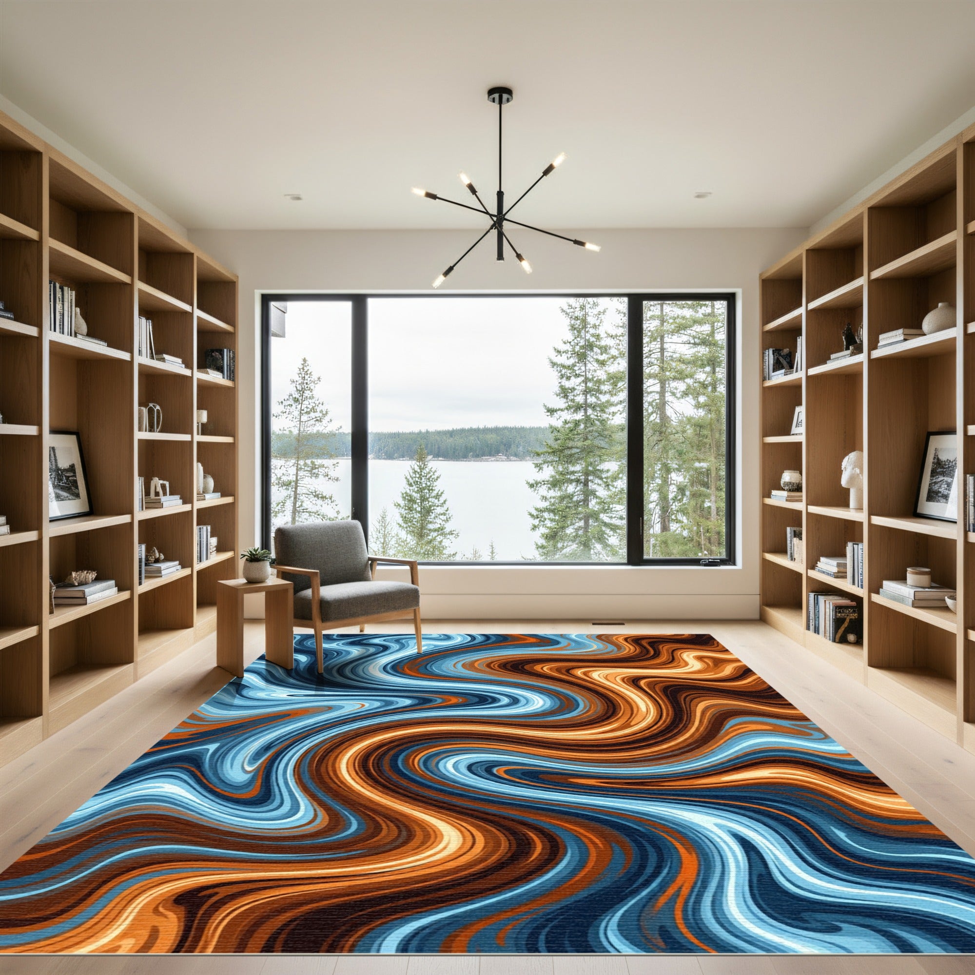 Swirling Copper and Blue Abstract Wave Rug