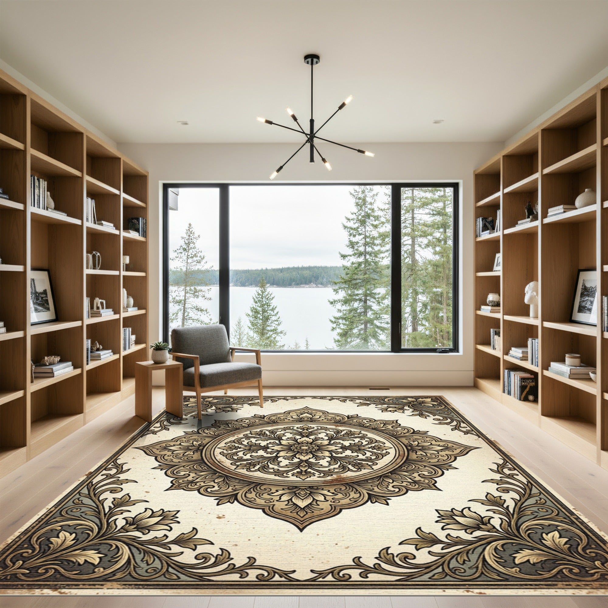 Vintage Sepia Floral Medallion Scroll Rug