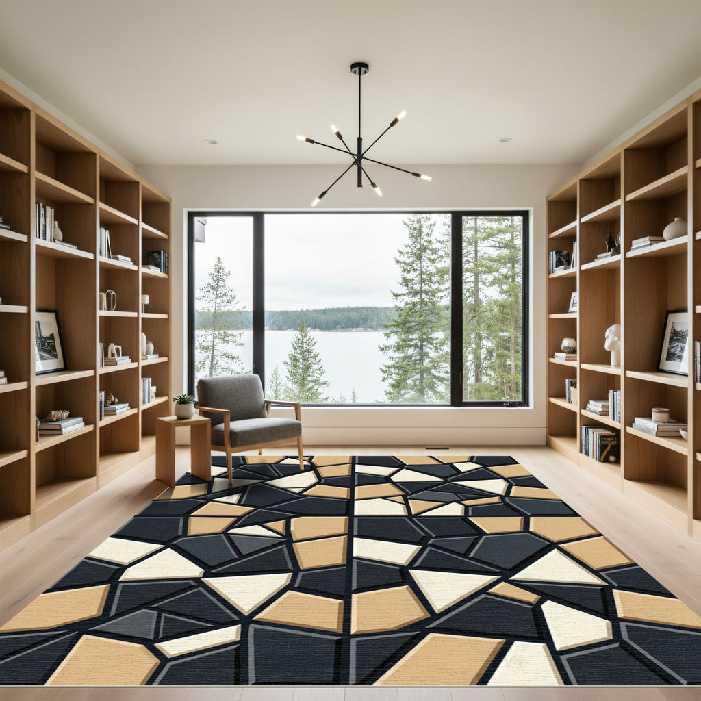 Modern Beige Gray Geometric Mosaic Rug