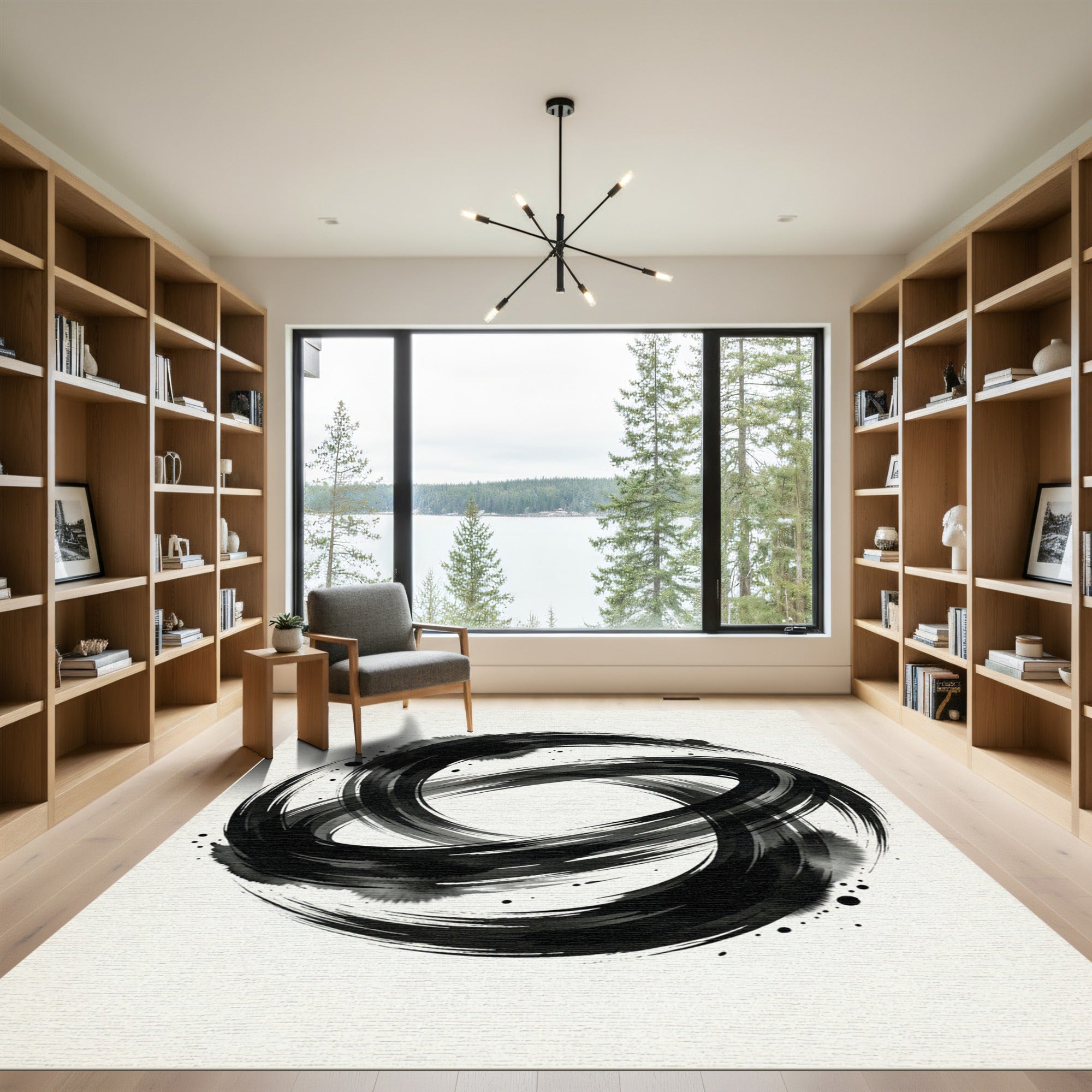 Ink Wash Black Swirl Circle Rug