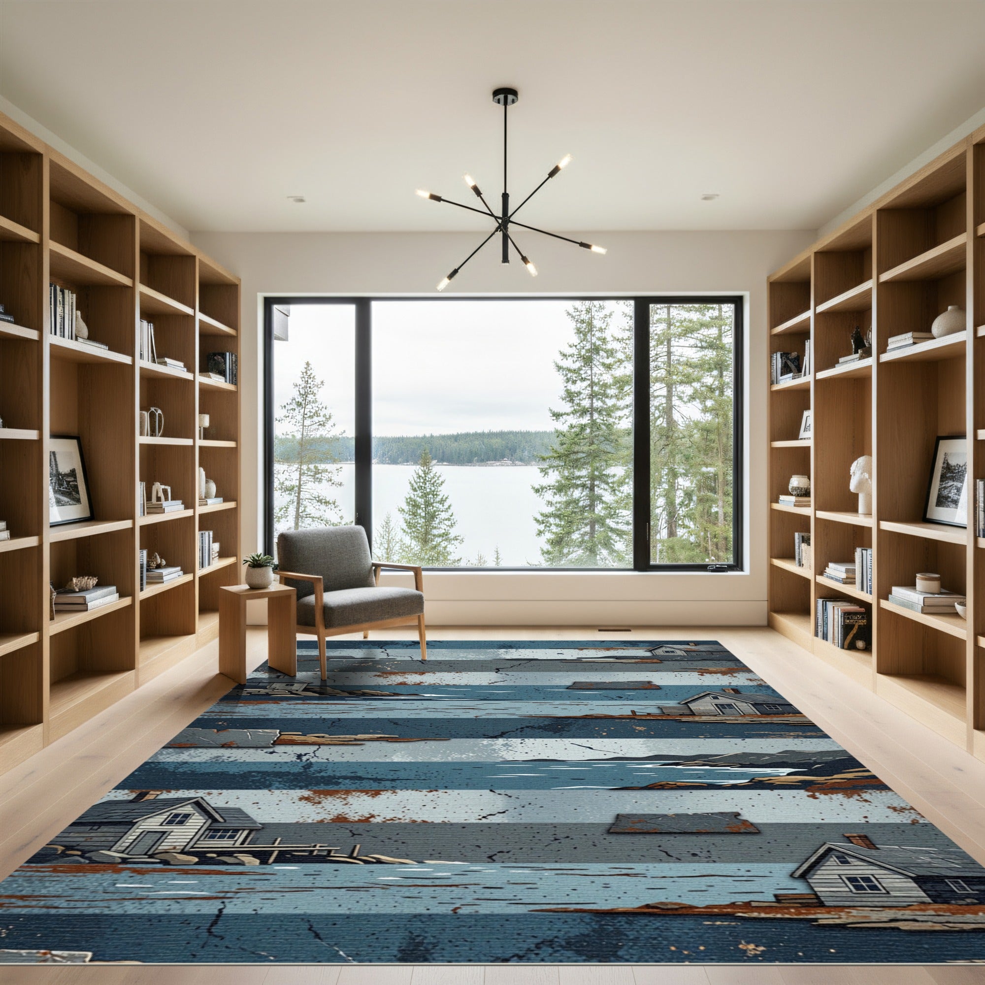 Rustic Coastal Cabin Striped Landscape Rug