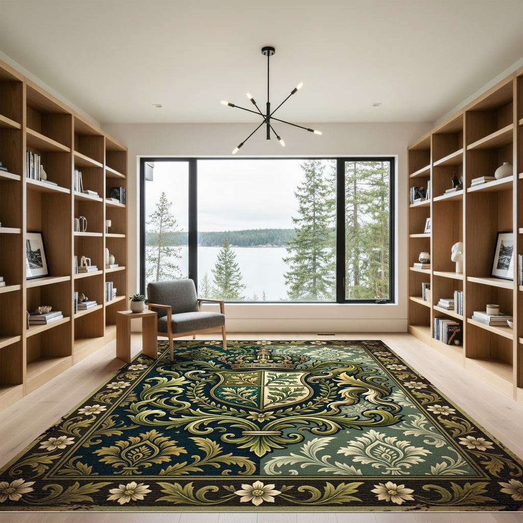Regal Forest Green Damask Crest Rug