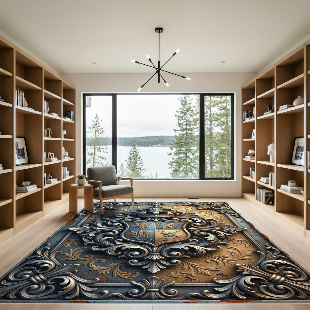 Ornate Golden Royal Crest Medallion Rug