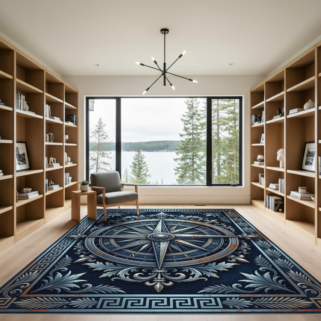 Navigational Compass Ornate Blue Rug