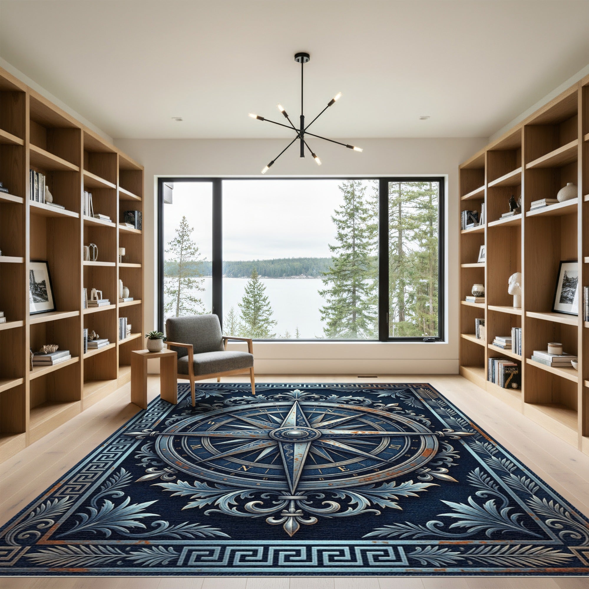 Navigational Compass Ornate Blue Rug