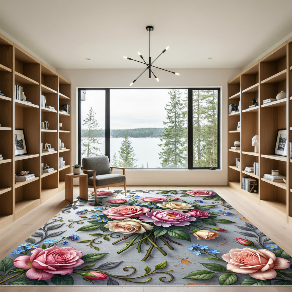 Elegant Pastel Rose and Forget Me Not Bouquet Rug