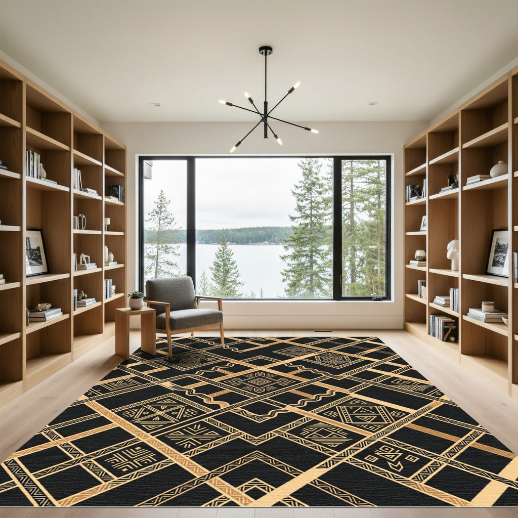 Gold Black Geometric Tribal Diamond Rug