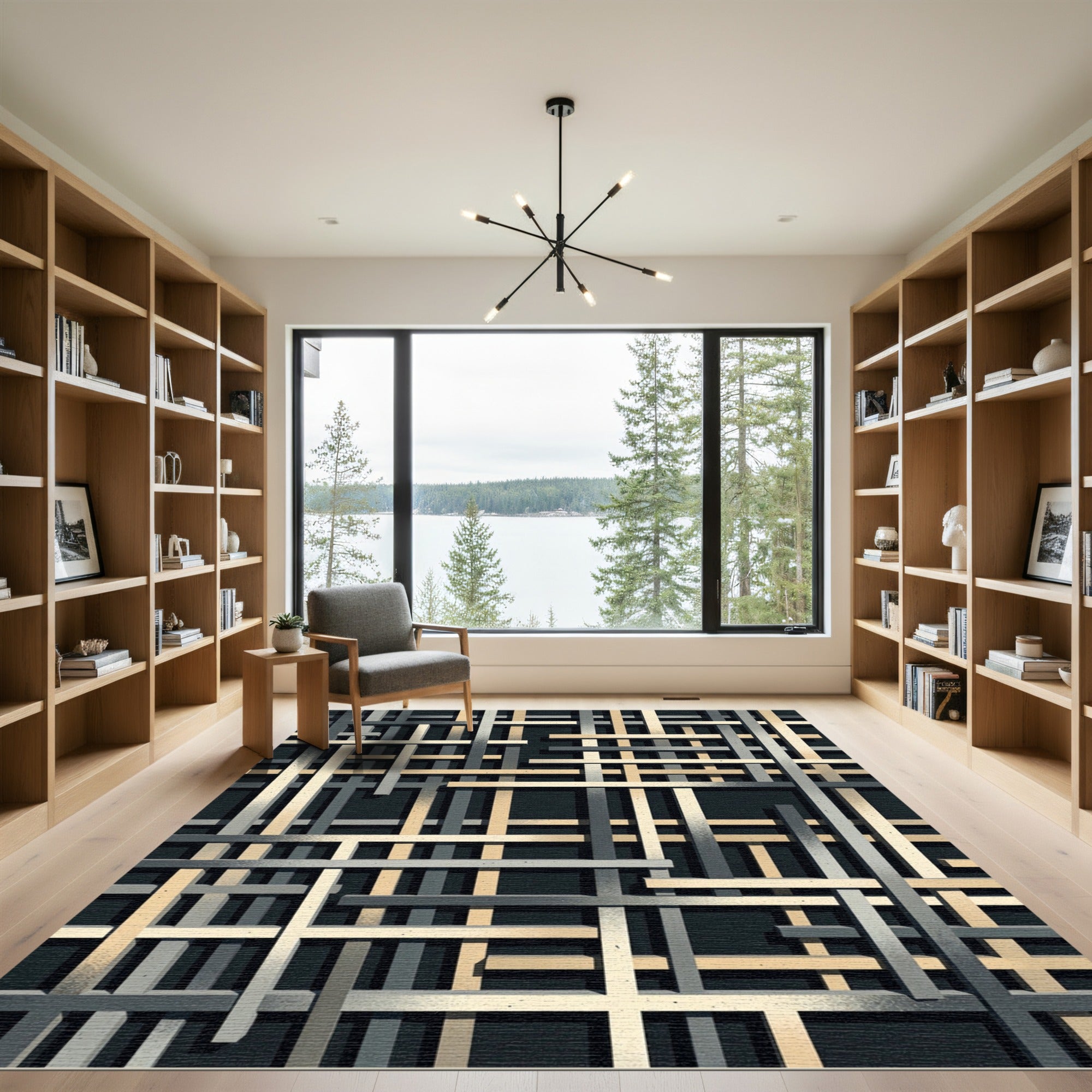 Modern Gold and Charcoal Intersecting Grid Rug