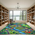Vibrant Illustrated Countryside Village Roadways Rug
