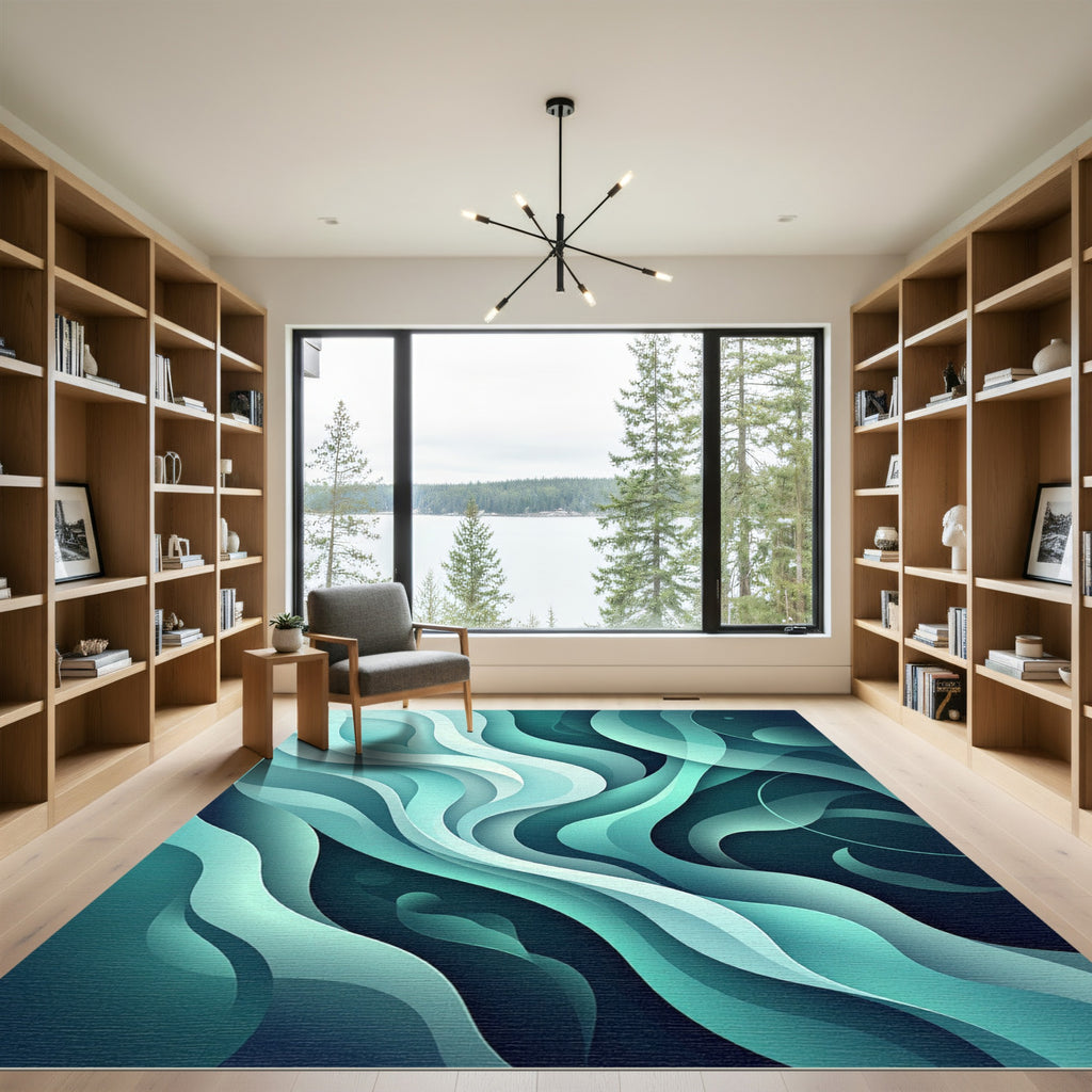 Abstract Teal Liquid Wave Flow Rug