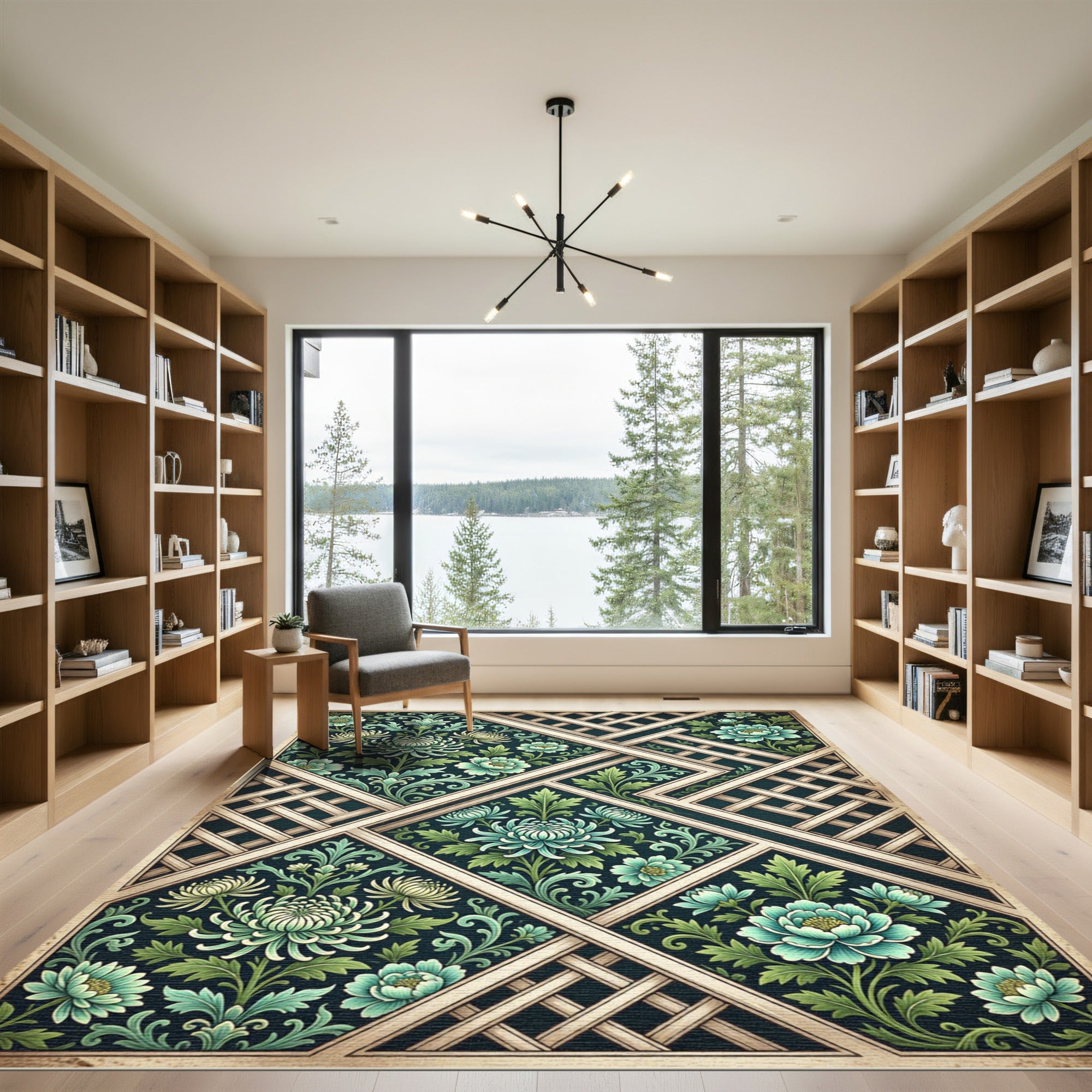 Teal Lattice Chrysanthemum Floral Trellis Rug