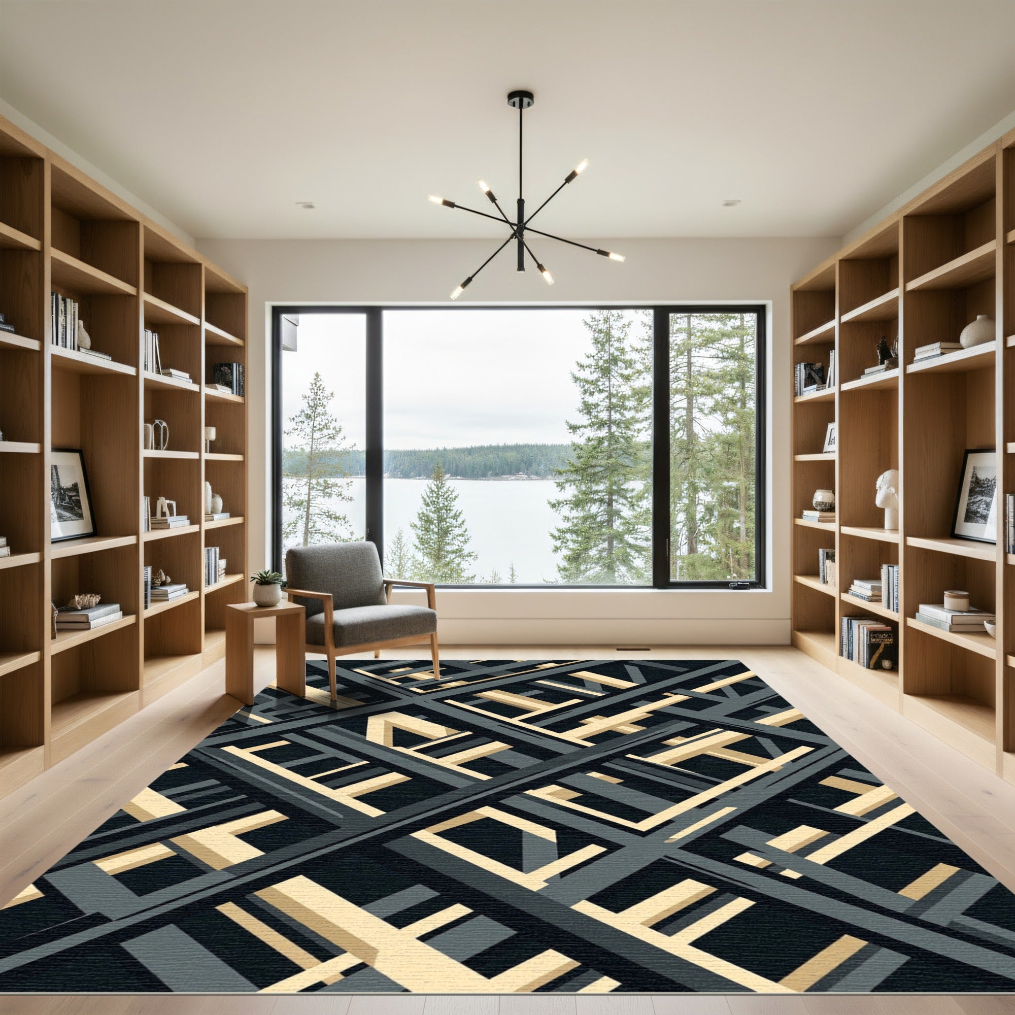Modern Black and Gold Geometric Grid Rug