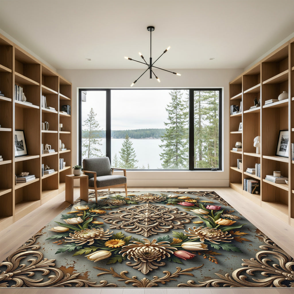 Elegant Beige Floral Medallion Arrangement Rug