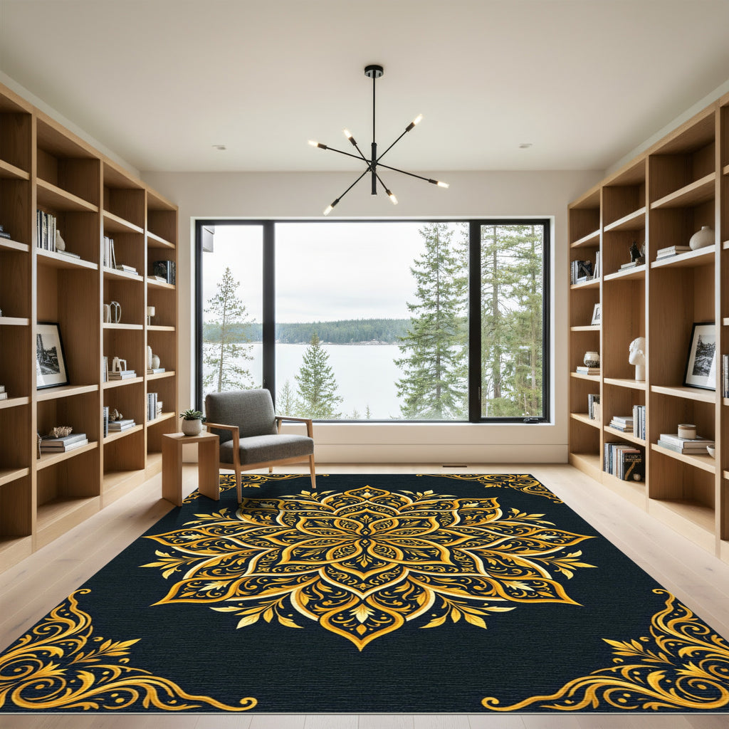 Ornate Golden Floral Mandala Ink Rug