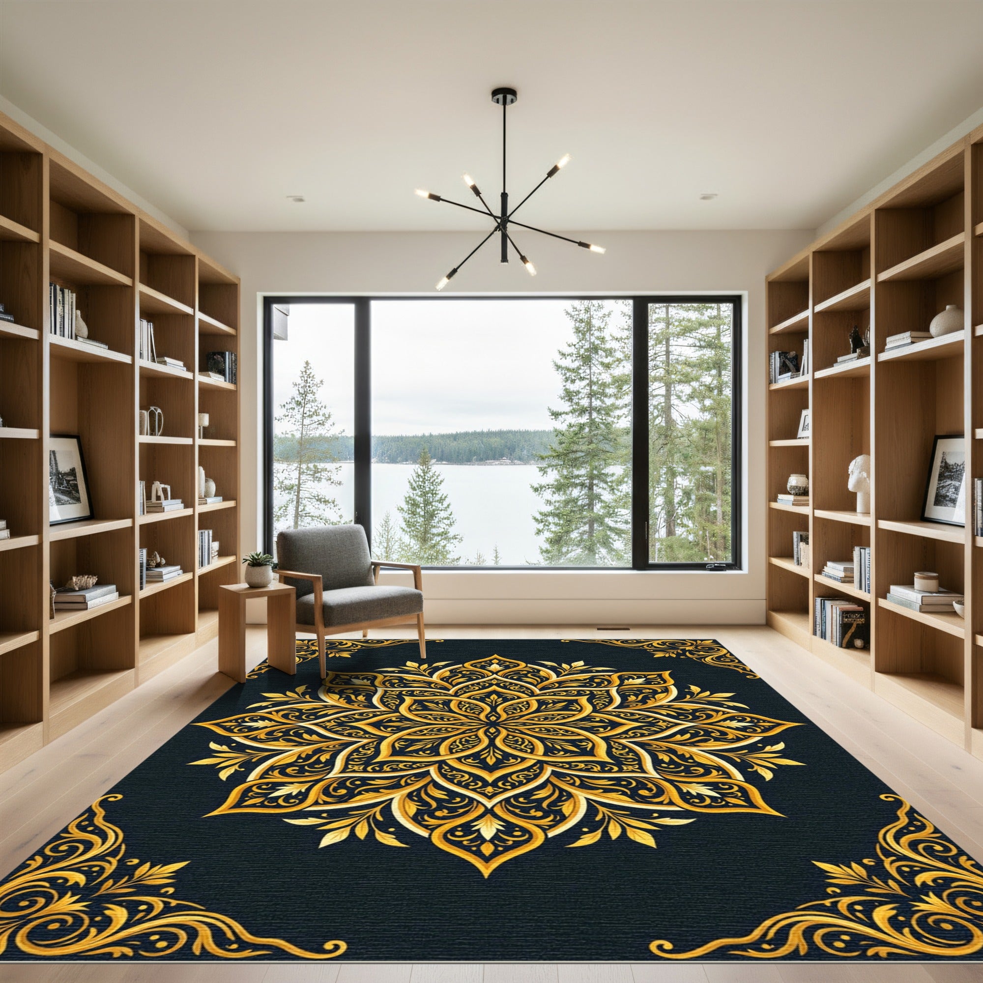 Ornate Golden Floral Mandala Ink Rug