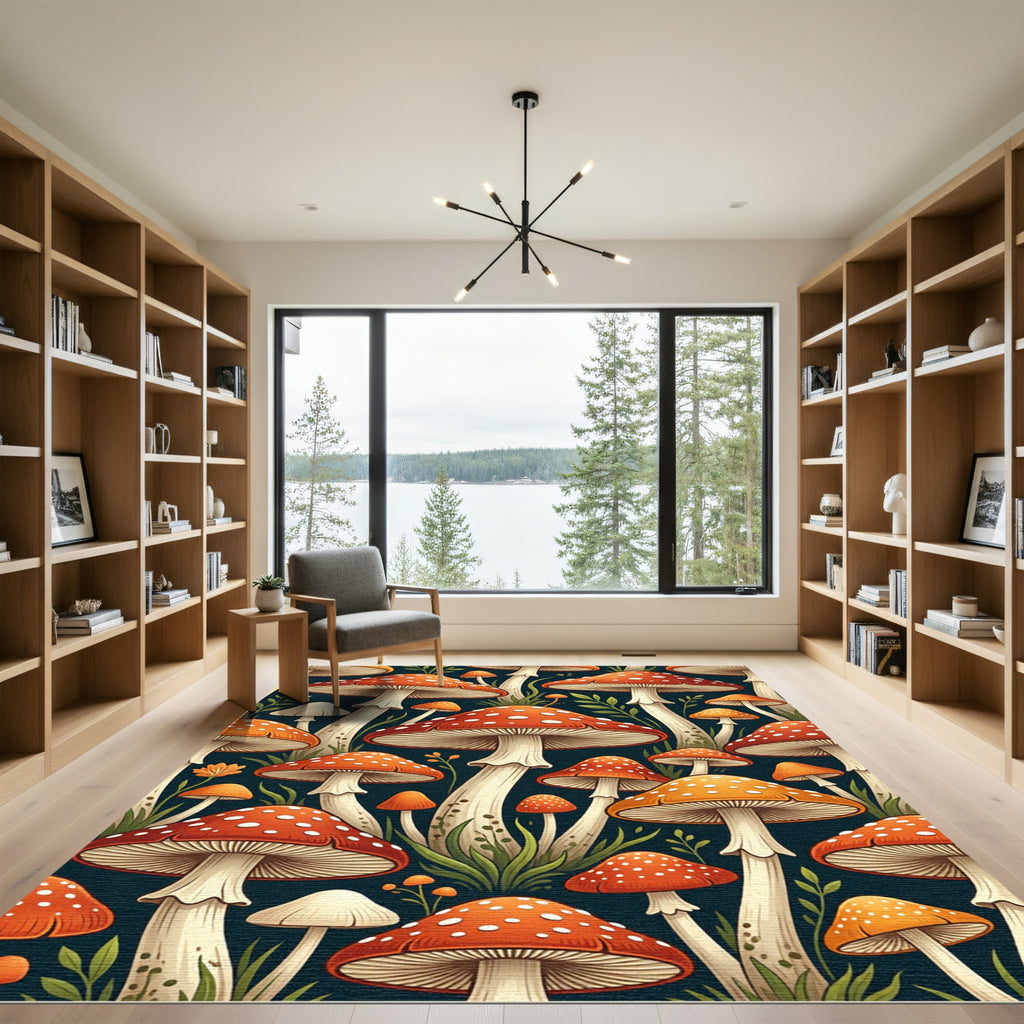 Whimsical Red Mushroom Forest Botanical Rug