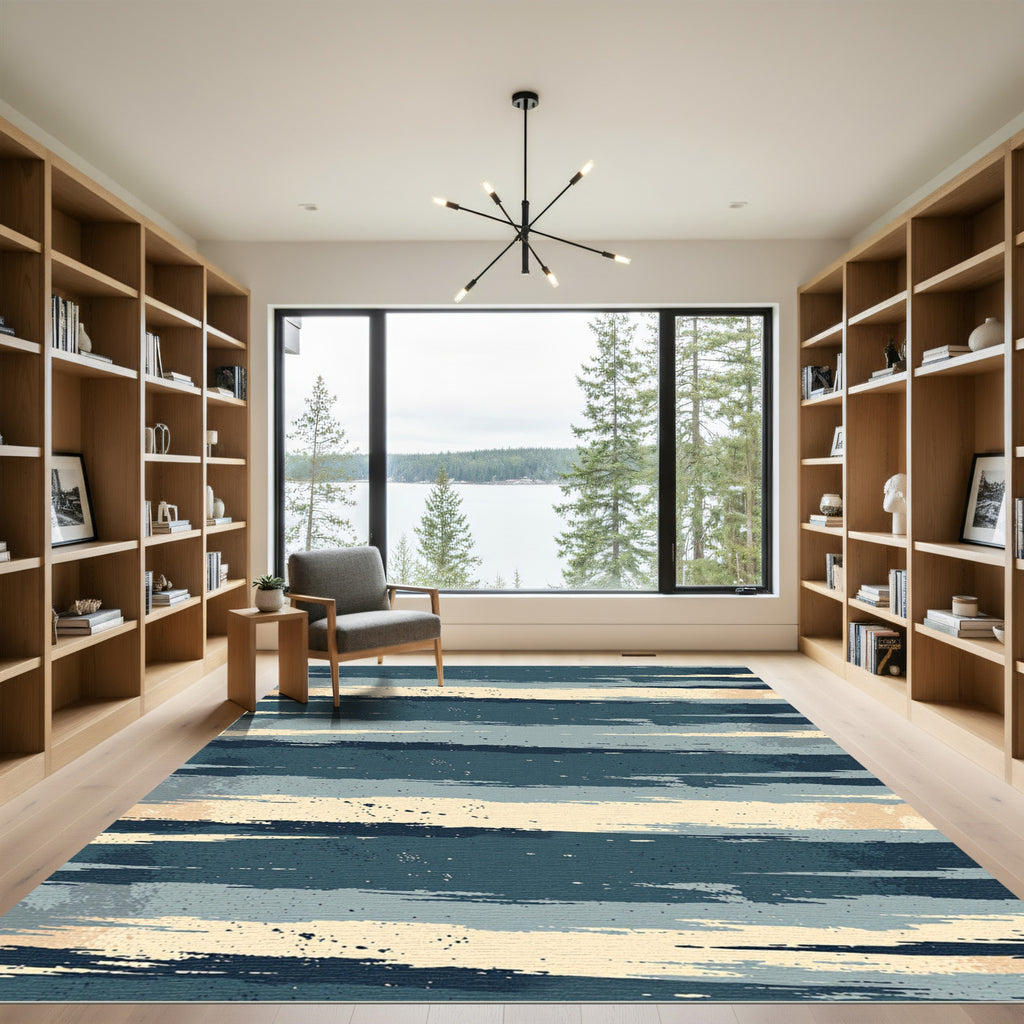 Abstract Brushstroke Slate Blue Stripes Rug