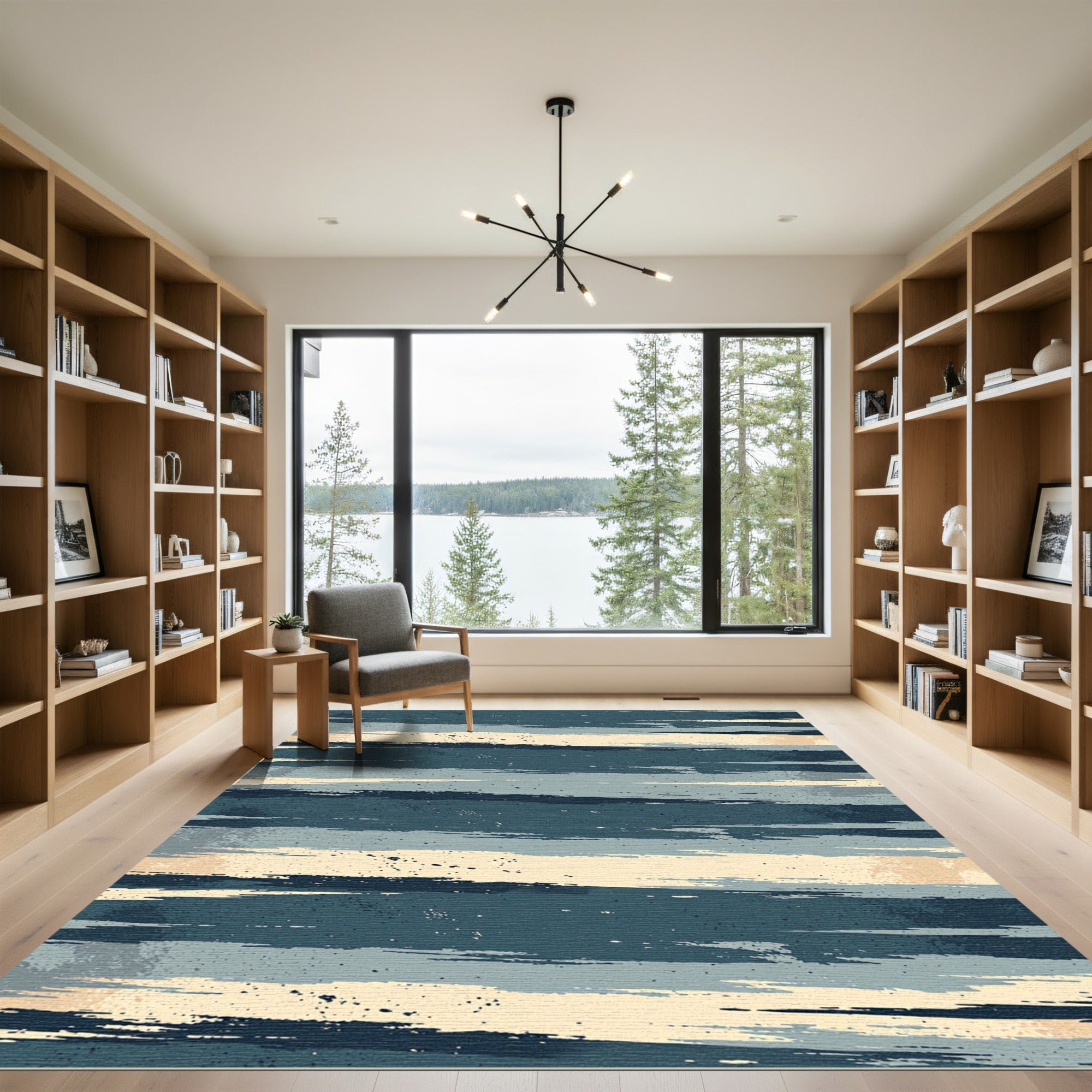Abstract Brushstroke Slate Blue Stripes Rug