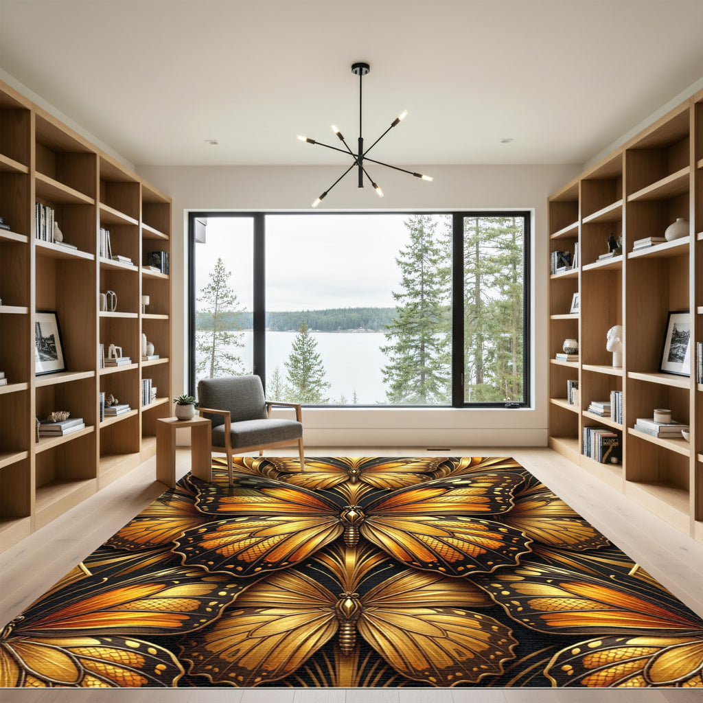 Ornate Golden Butterfly Foliage Art Rug