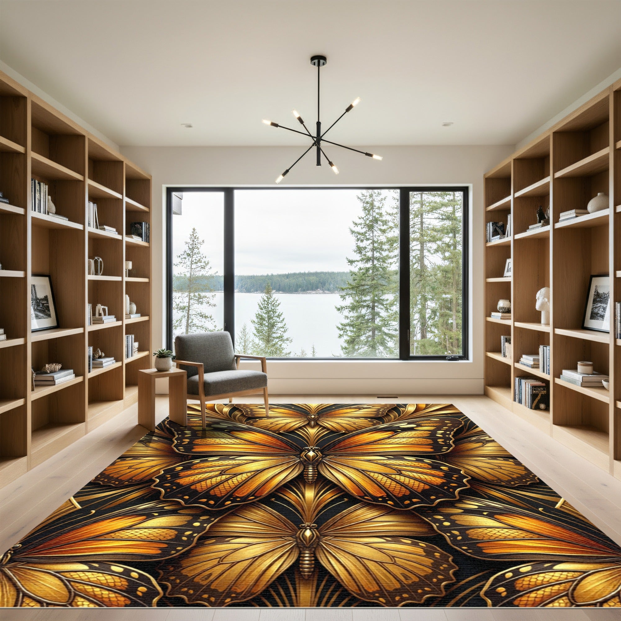Ornate Golden Butterfly Foliage Art Rug