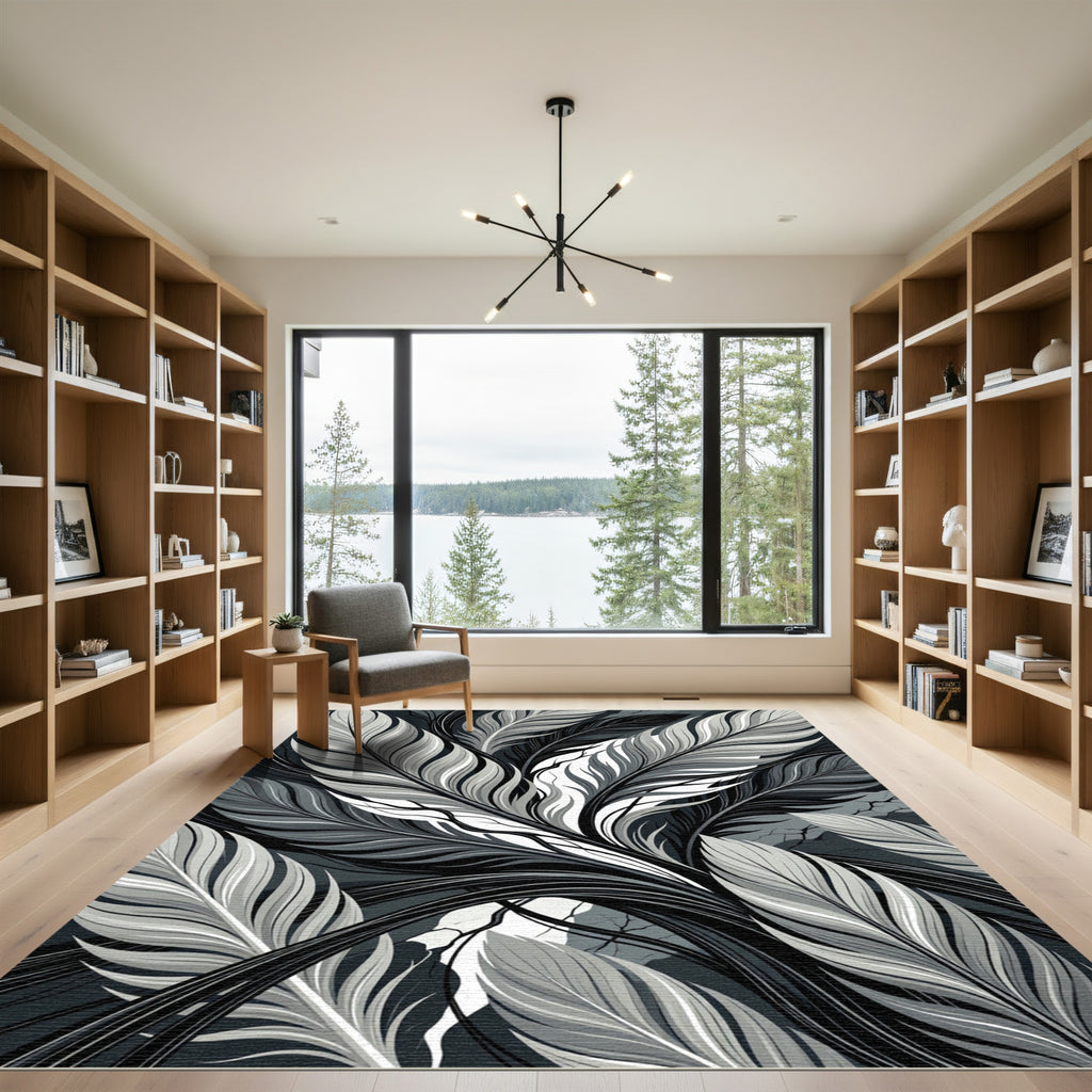 Monochrome Tropical Feather Leaf Illustration Rug