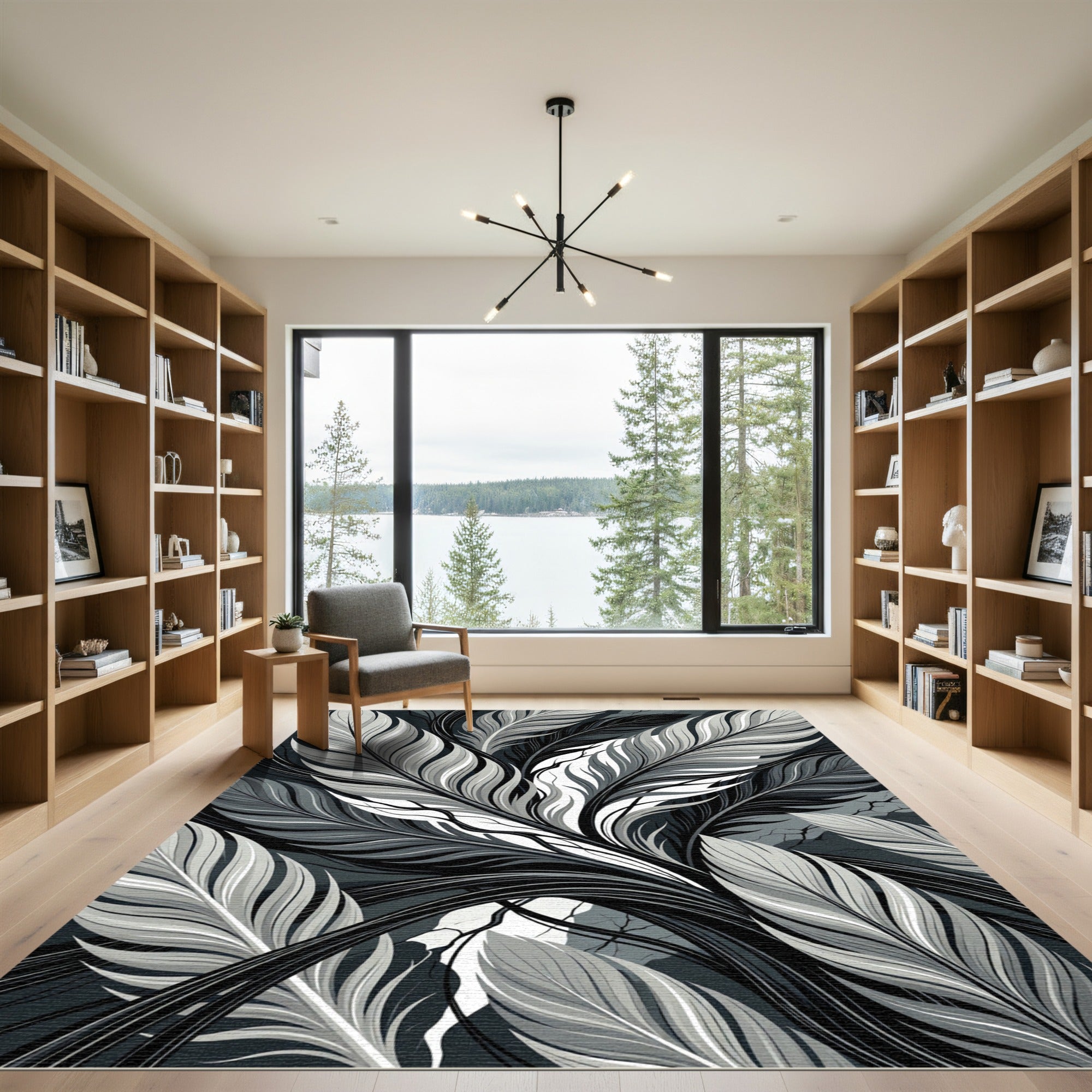 Monochrome Tropical Feather Leaf Illustration Rug
