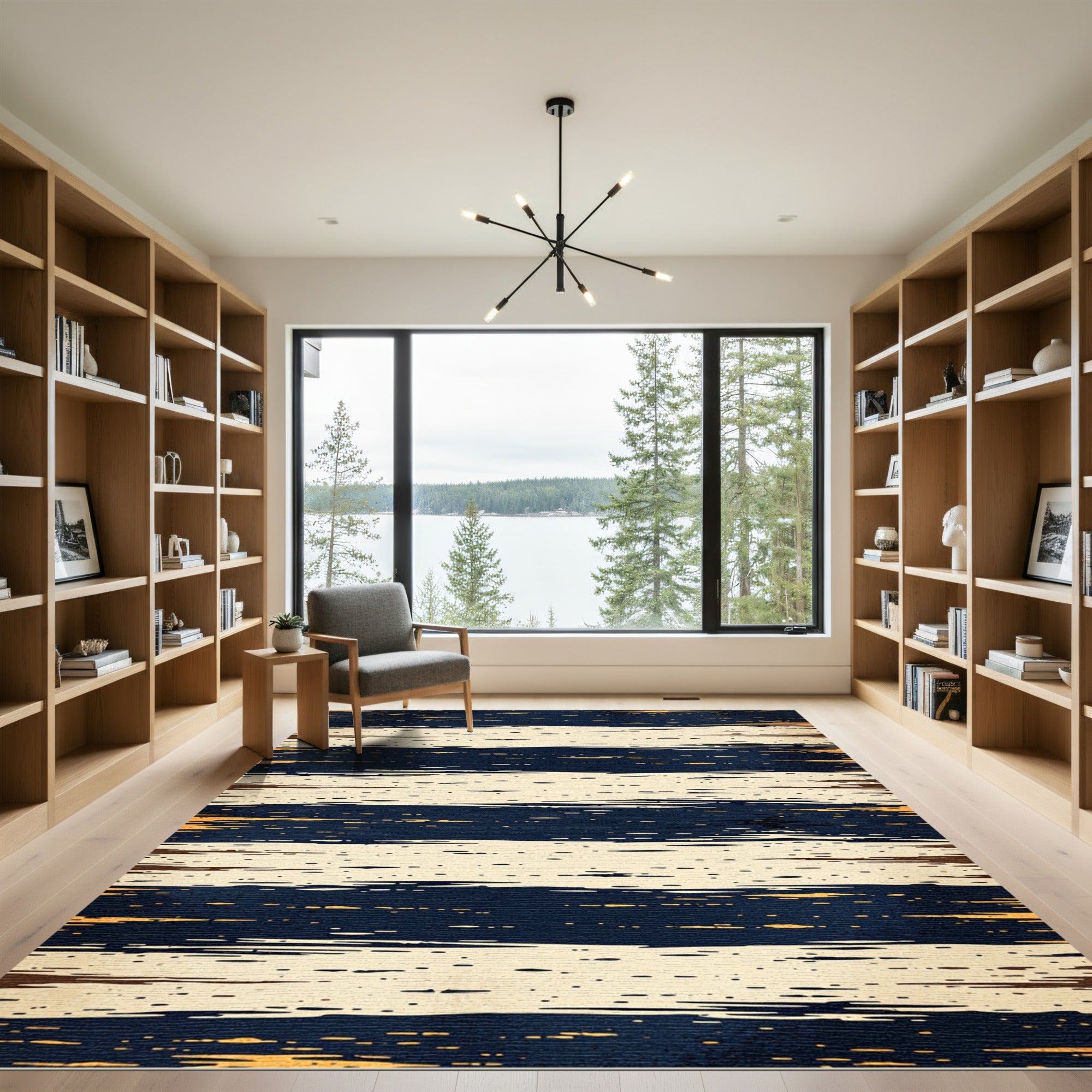Midnight Blue and Cream Brushstroke Stripe Rug