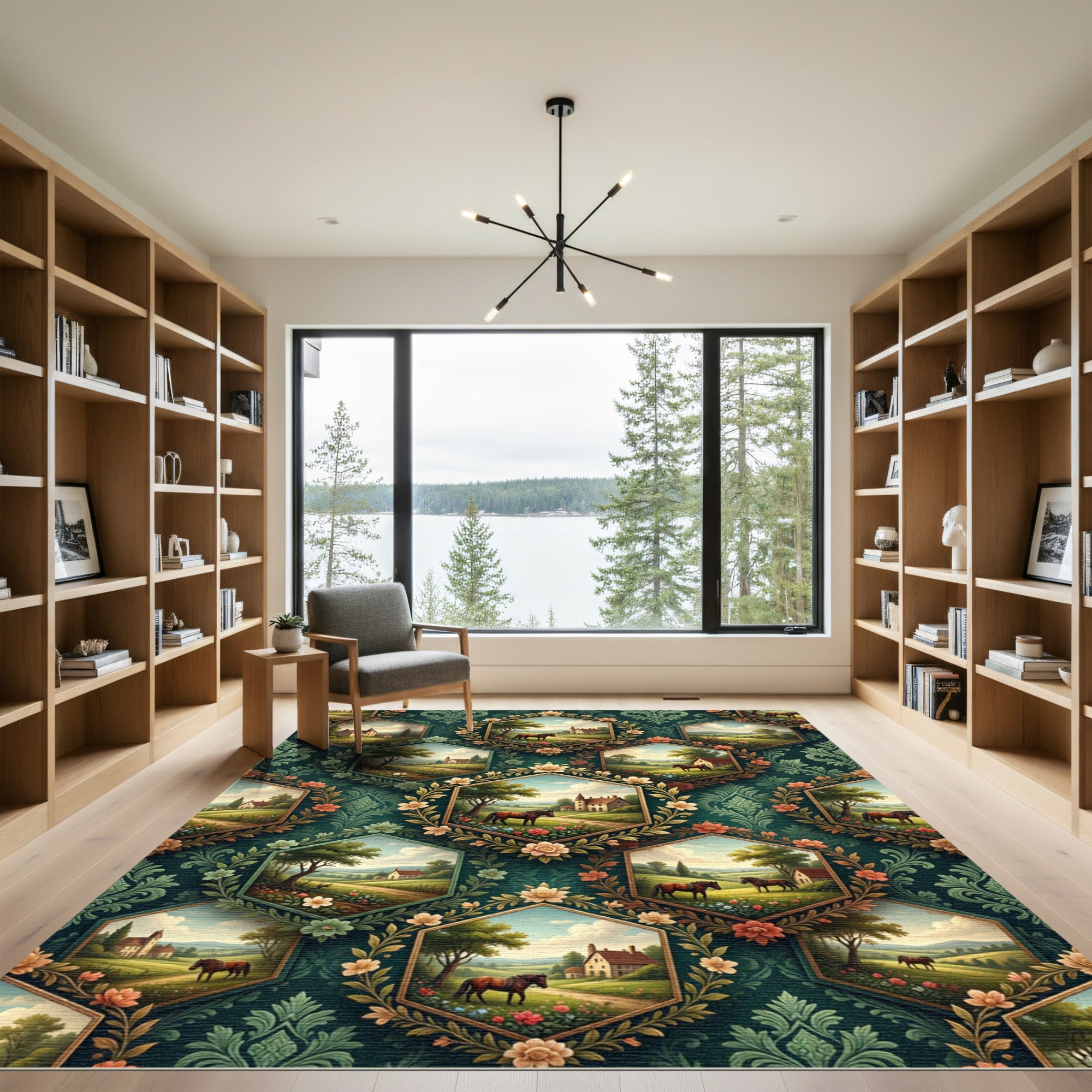Emerald Hexagonal Countryside Horse Landscape Rug