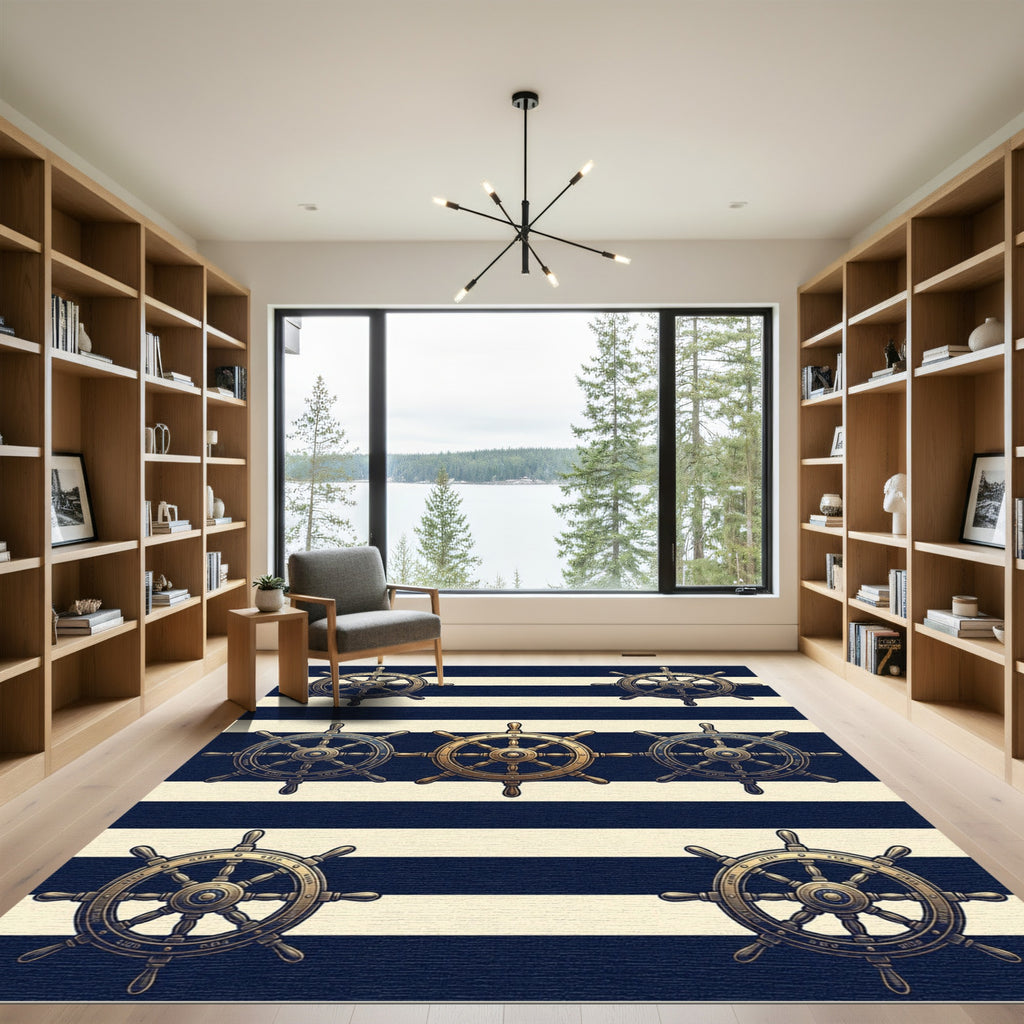 Navy and Cream Nautical Ship Wheel Rug