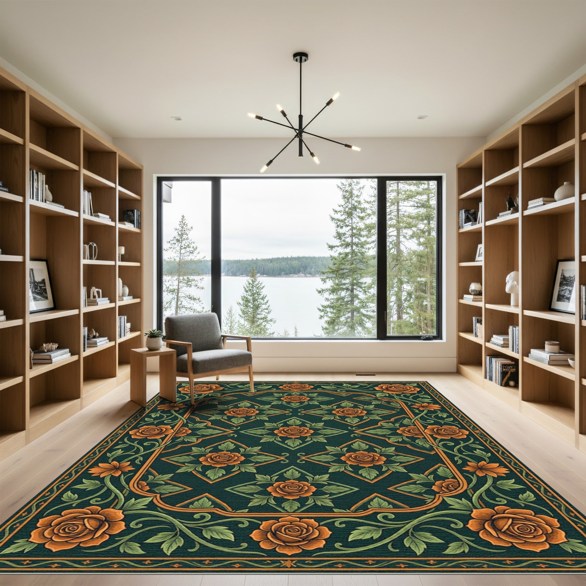 Ornate Amber Rose Garden Scroll Rug