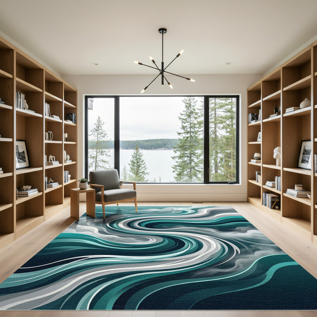 Fluid Teal Liquid Swirl Abstract Rug