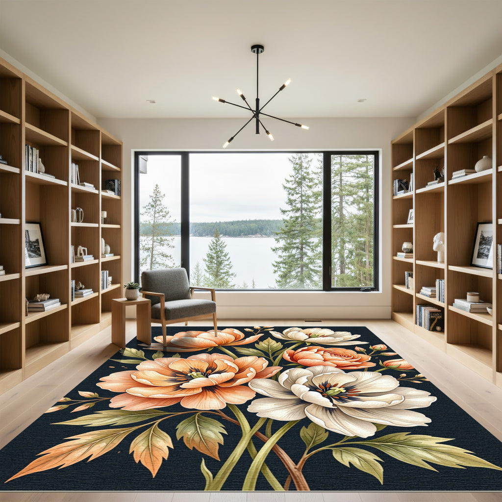 Elegant Peach White Peony Blossom Rug