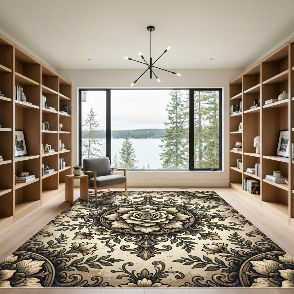Elegant Beige Rose Floral Medallion Rug