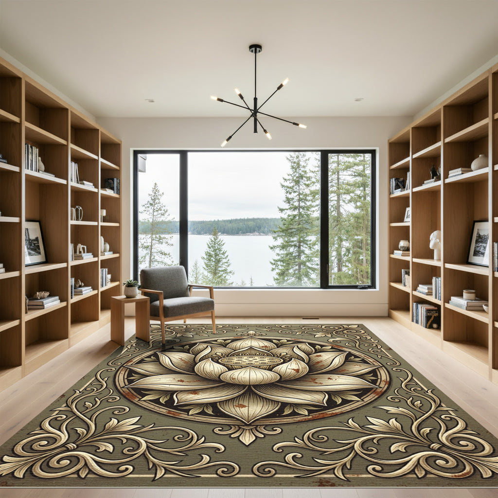 Elegant Golden Lotus Floral Medallion Rug