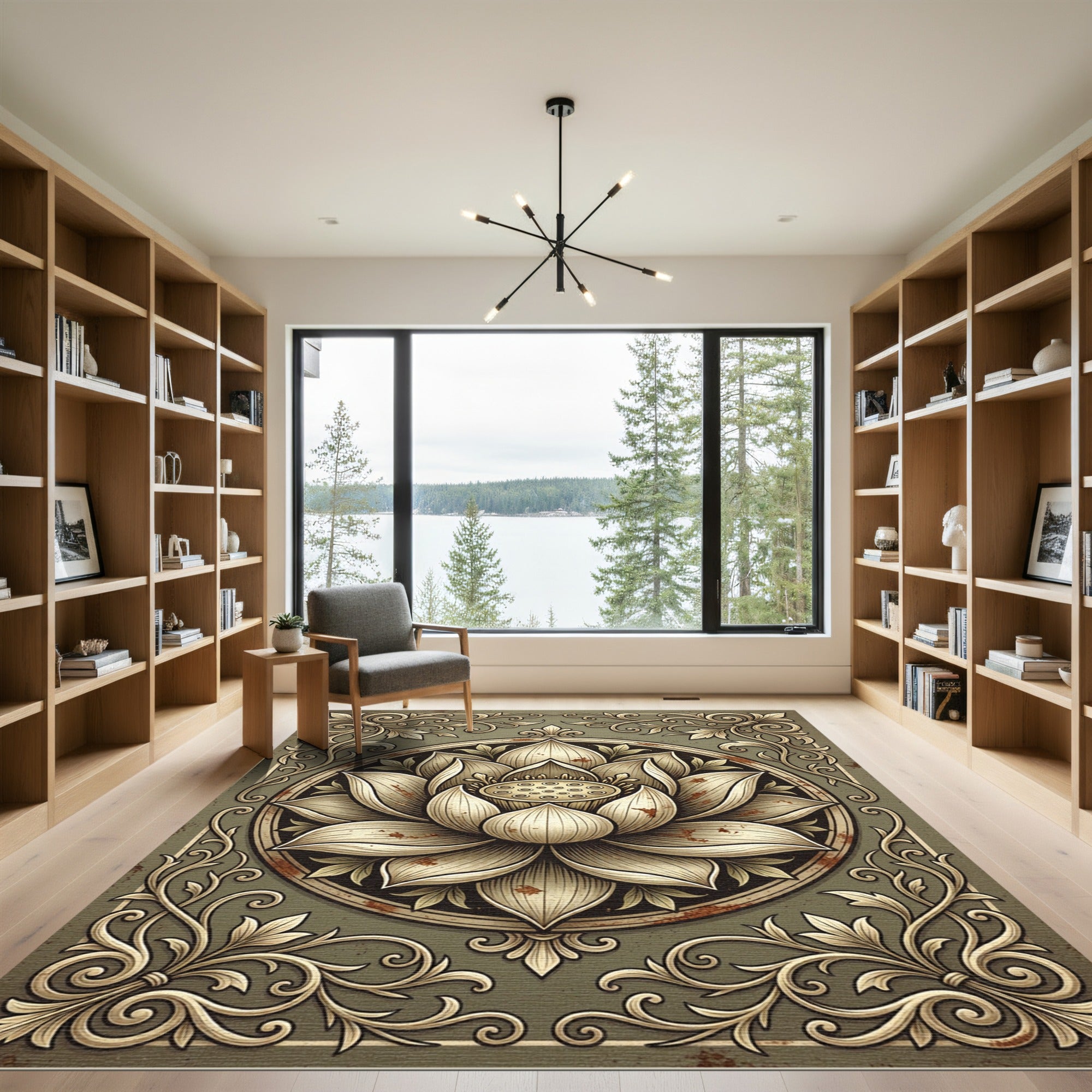 Elegant Golden Lotus Floral Medallion Rug