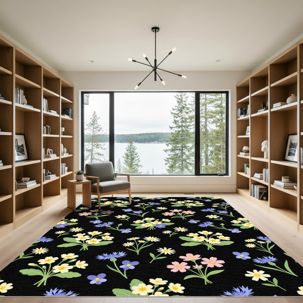 Whimsical Pink Yellow Blue Floral Bouquet Rug