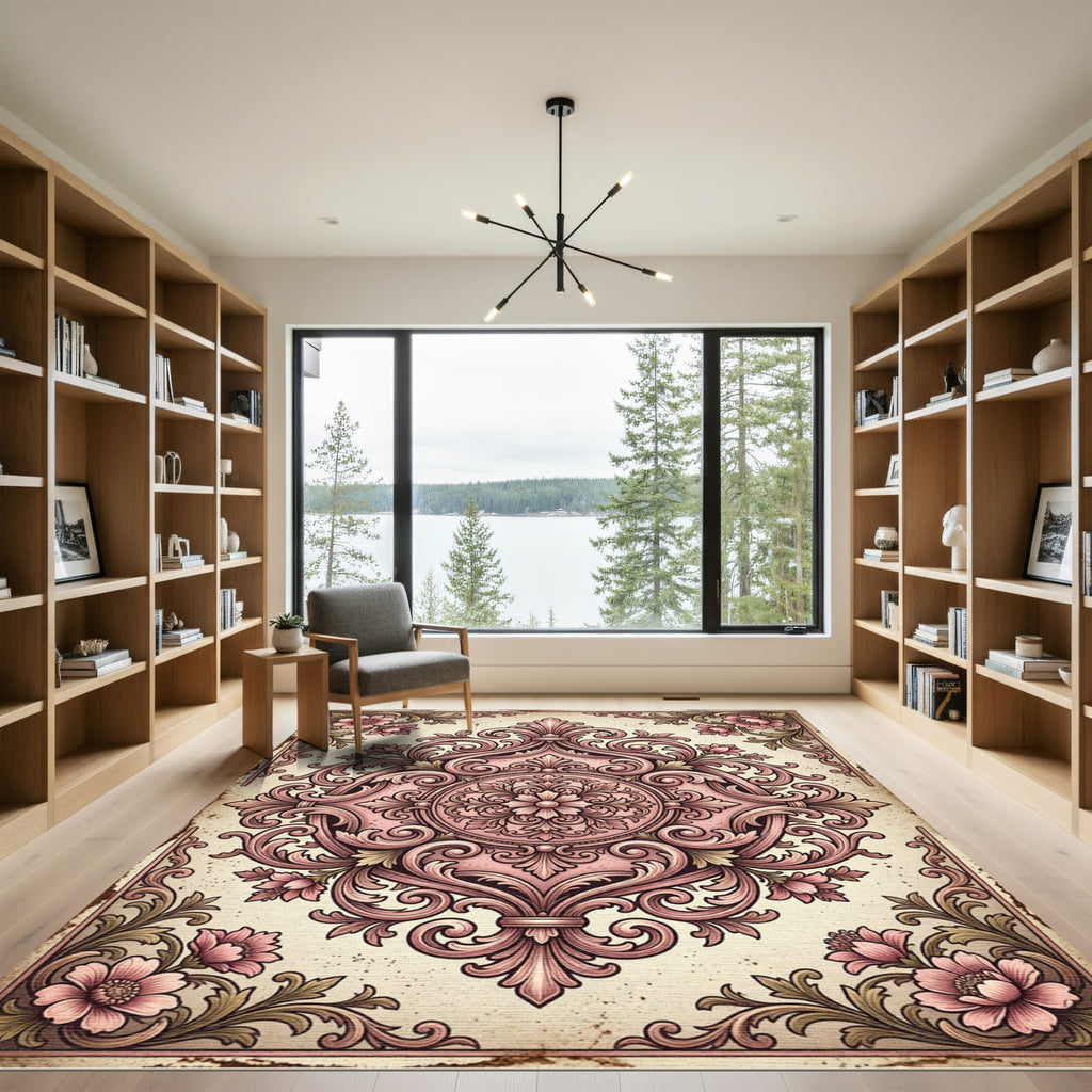 Ornate Pink Floral Scroll Medallion Rug
