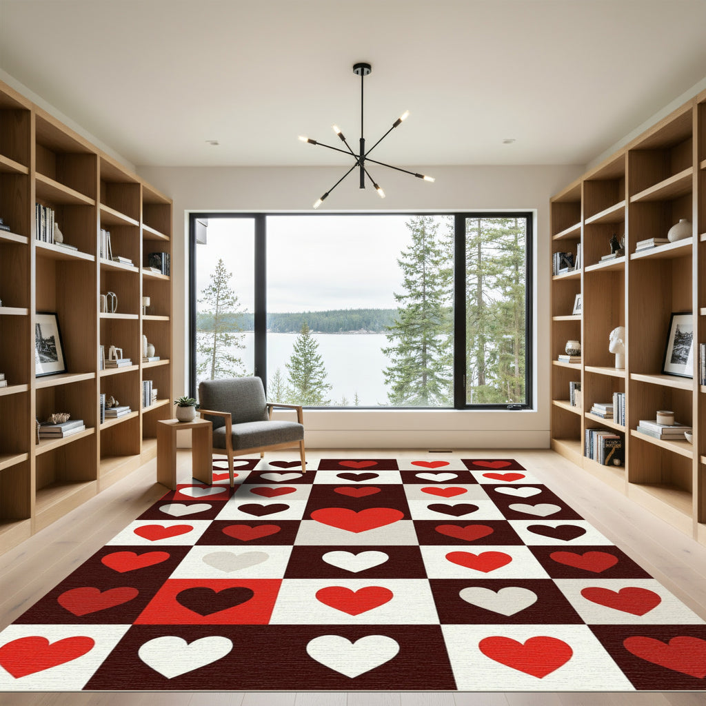 Bold Red White Heart Checker Rug