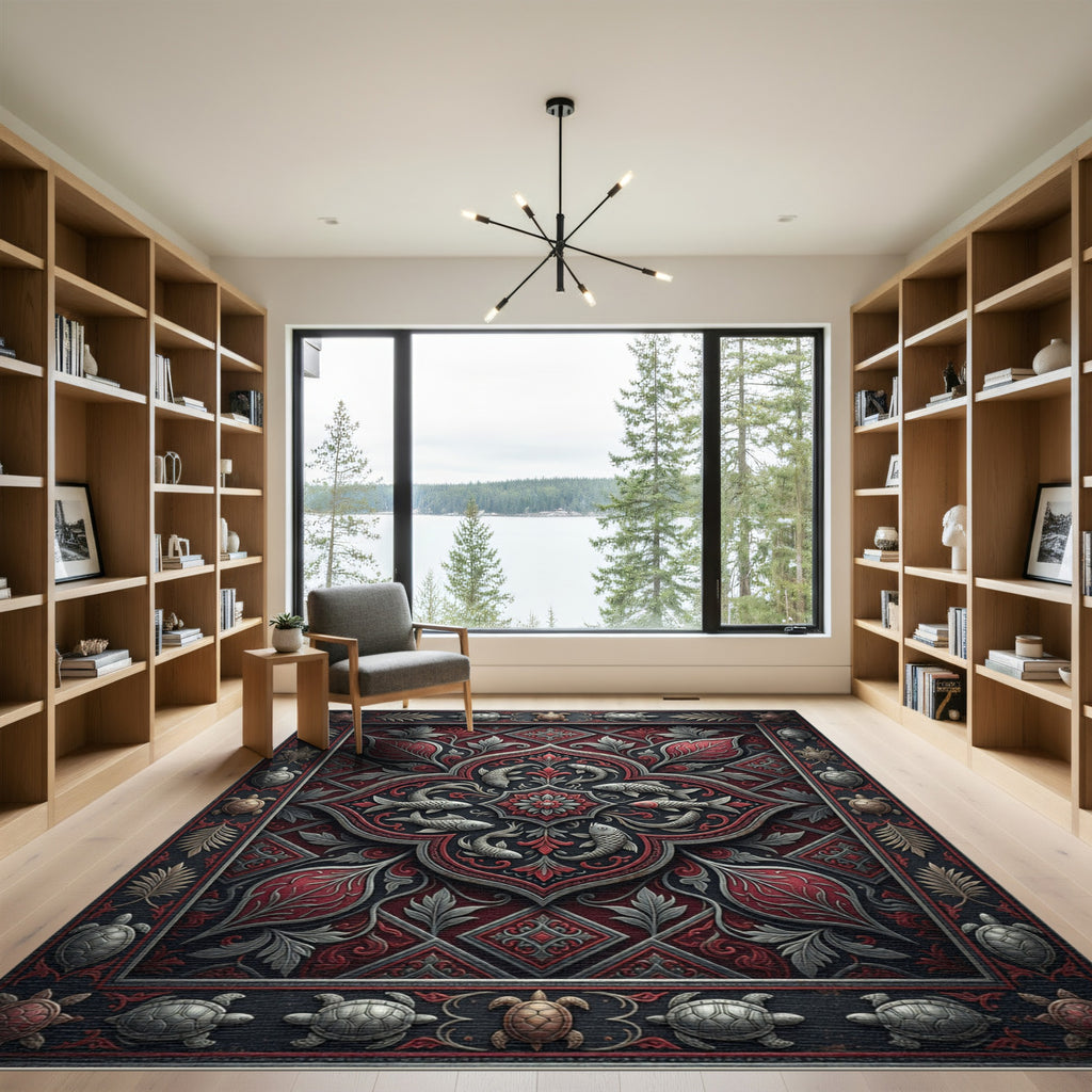 Ornate Crimson Sea Life Medallion Rug