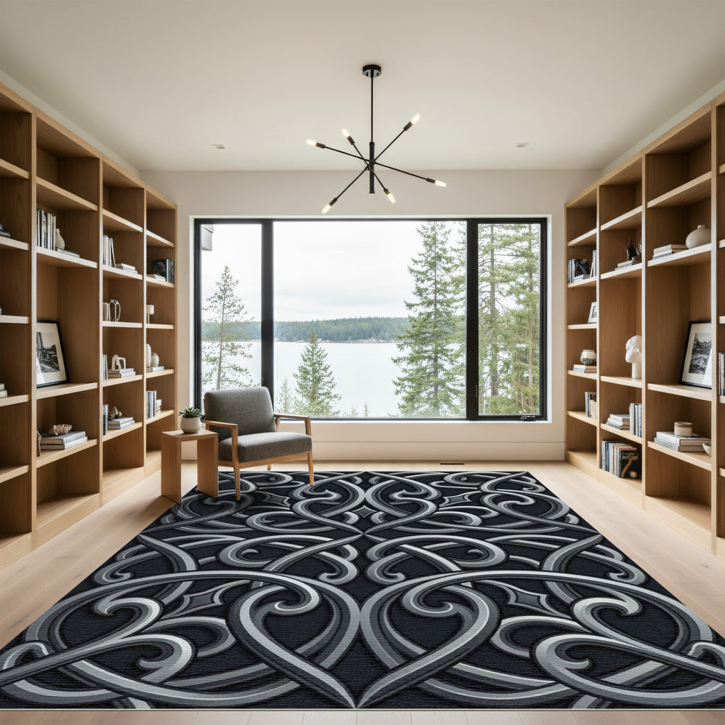 Elegant Silver Metallic Scrollwork Filigree Rug