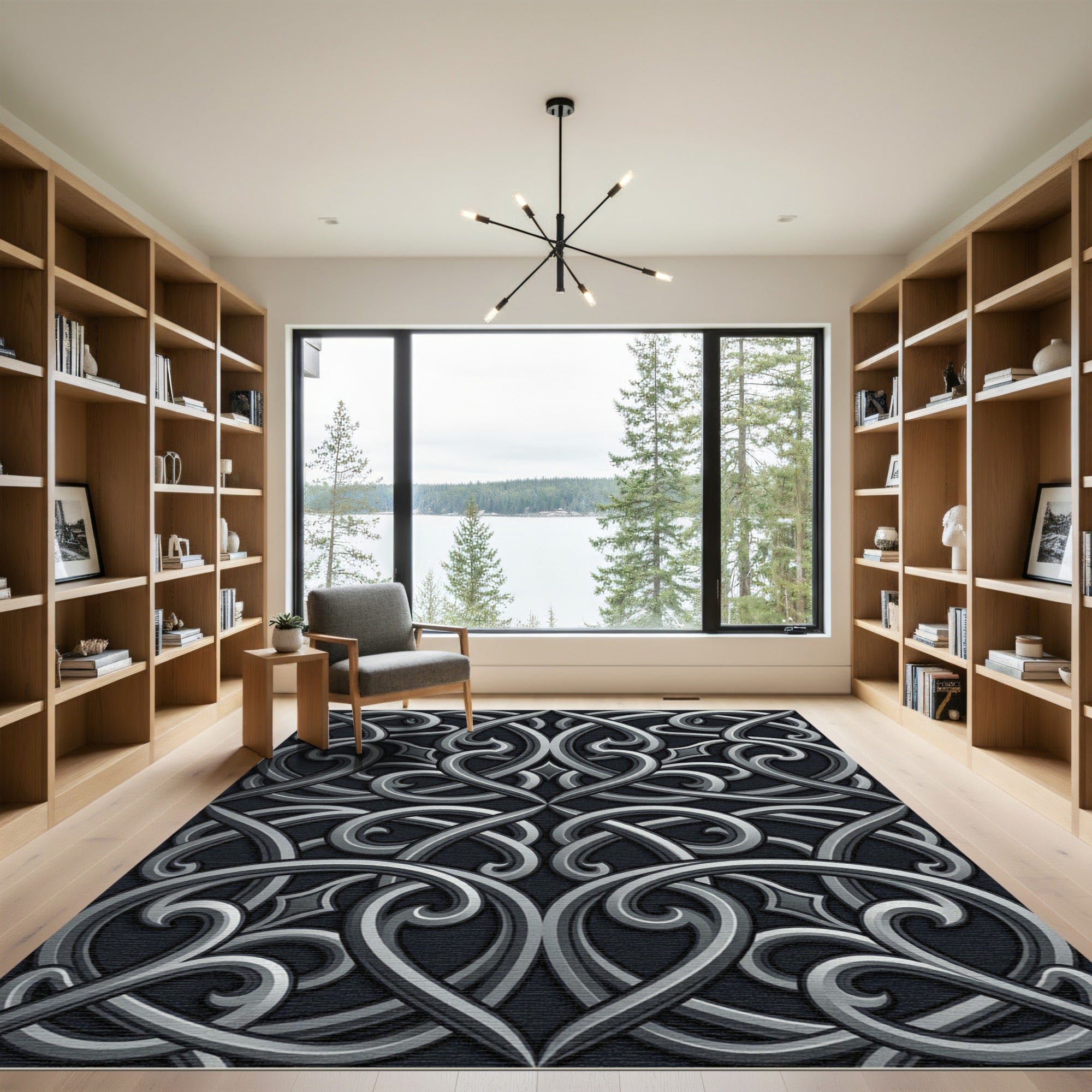 Elegant Silver Metallic Scrollwork Filigree Rug