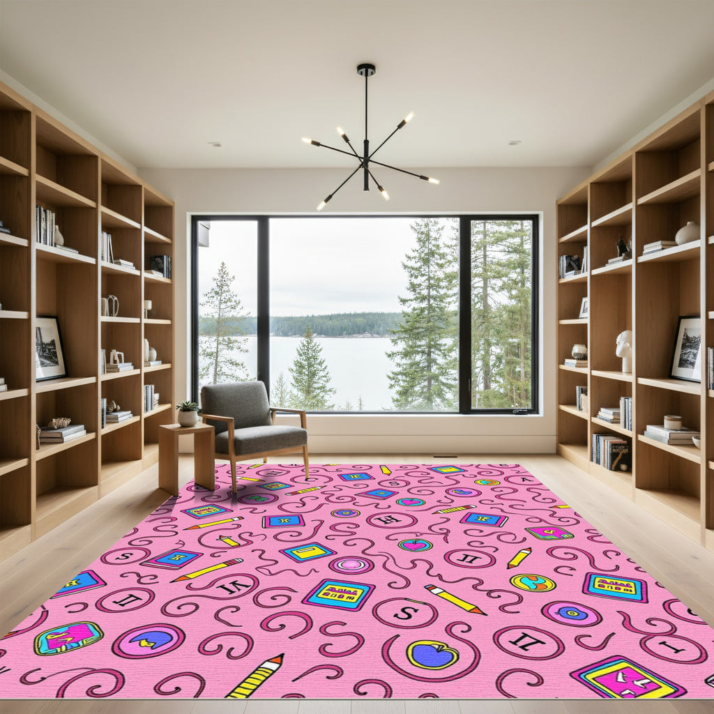 Pink Schoolbook Pencil Swirls Composition Rug