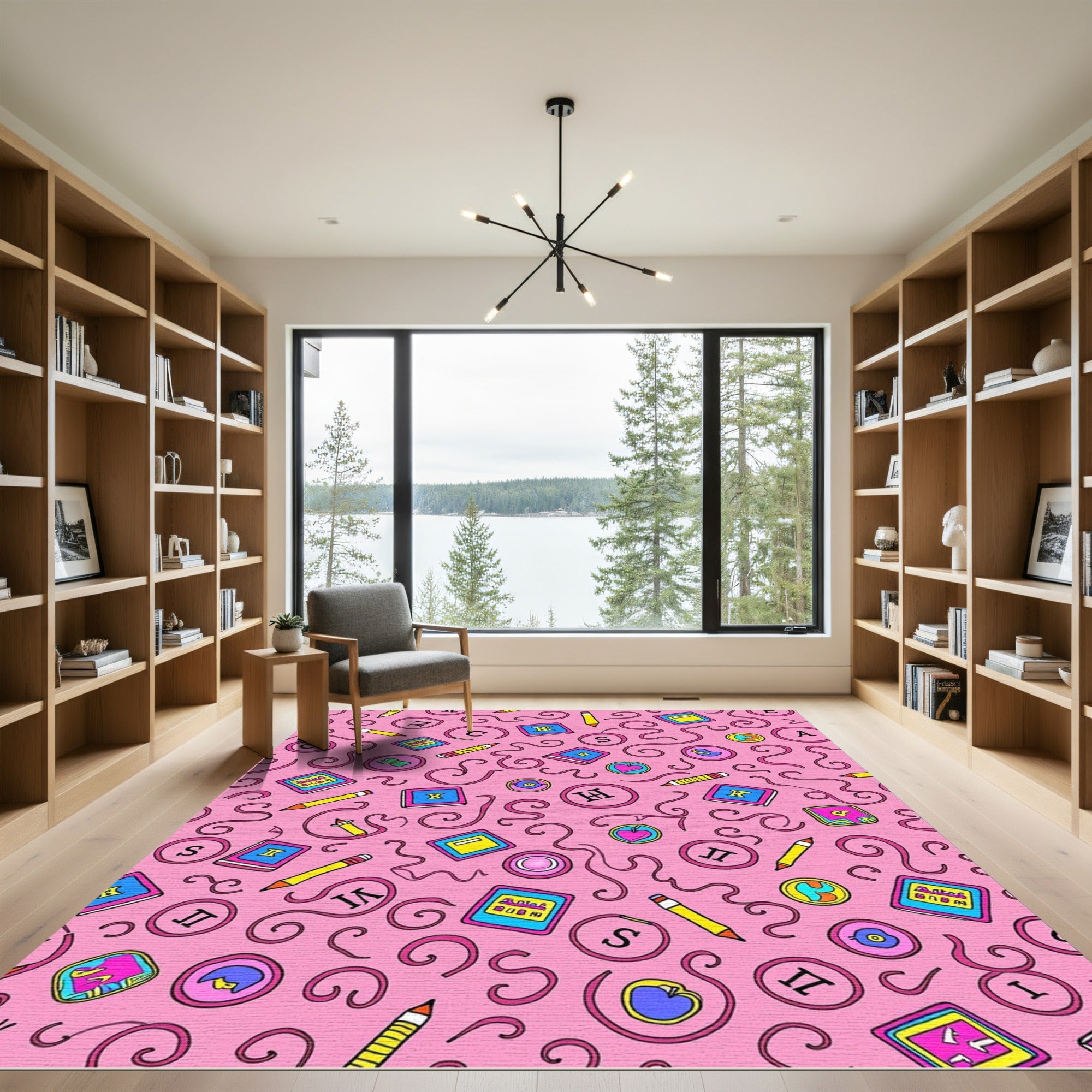 Pink Schoolbook Pencil Swirls Composition Rug