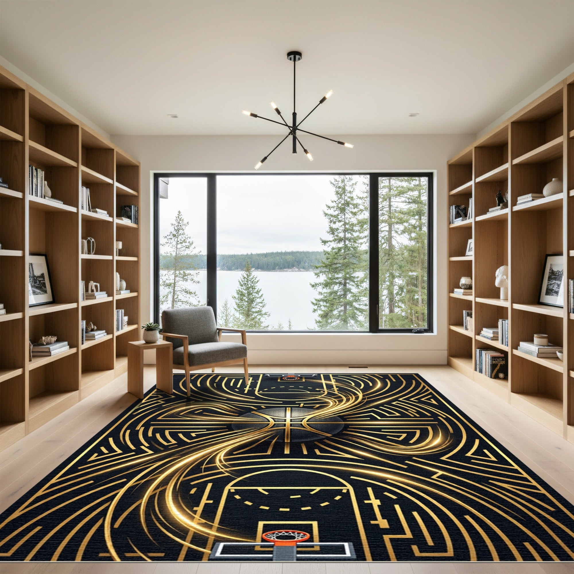 Golden Basketball Kinetic Energy Abstract Rug
