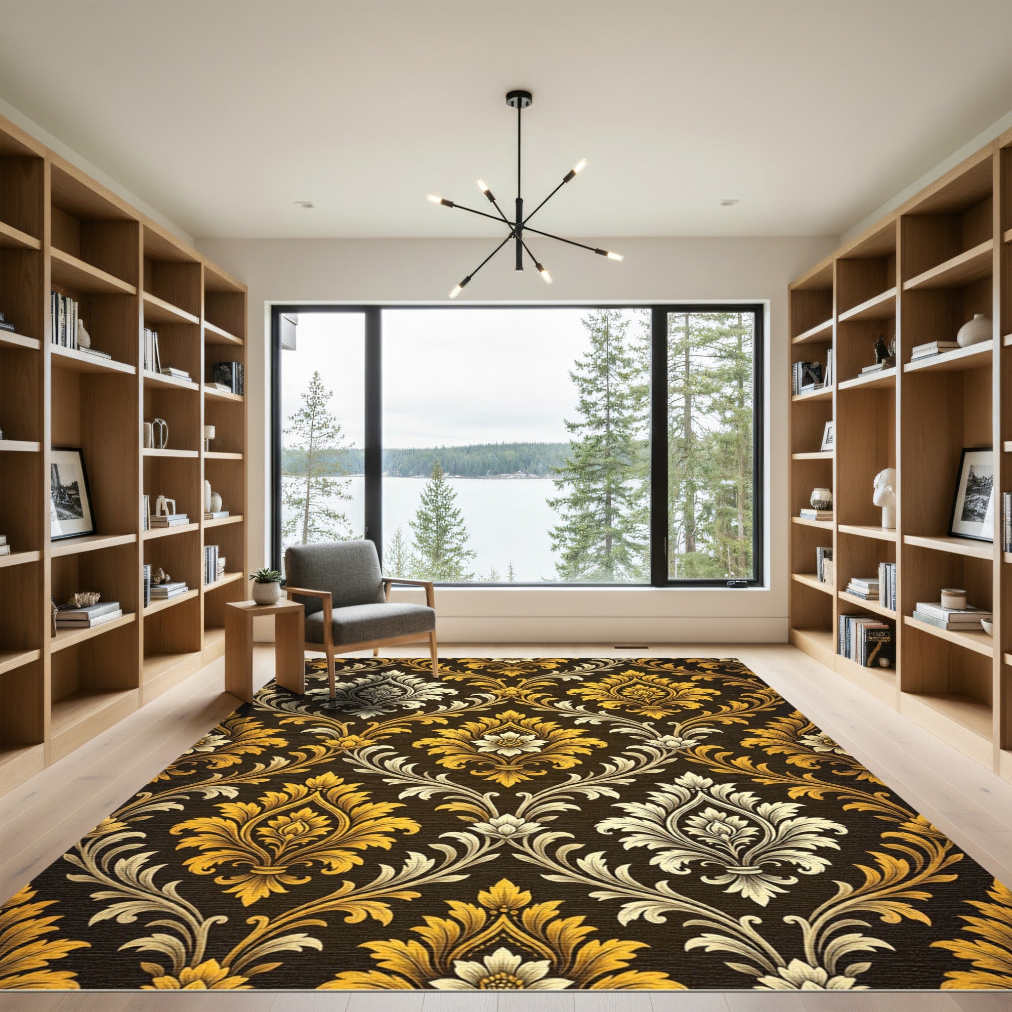 Ornate Golden Damask Floral Dark Luxury Rug