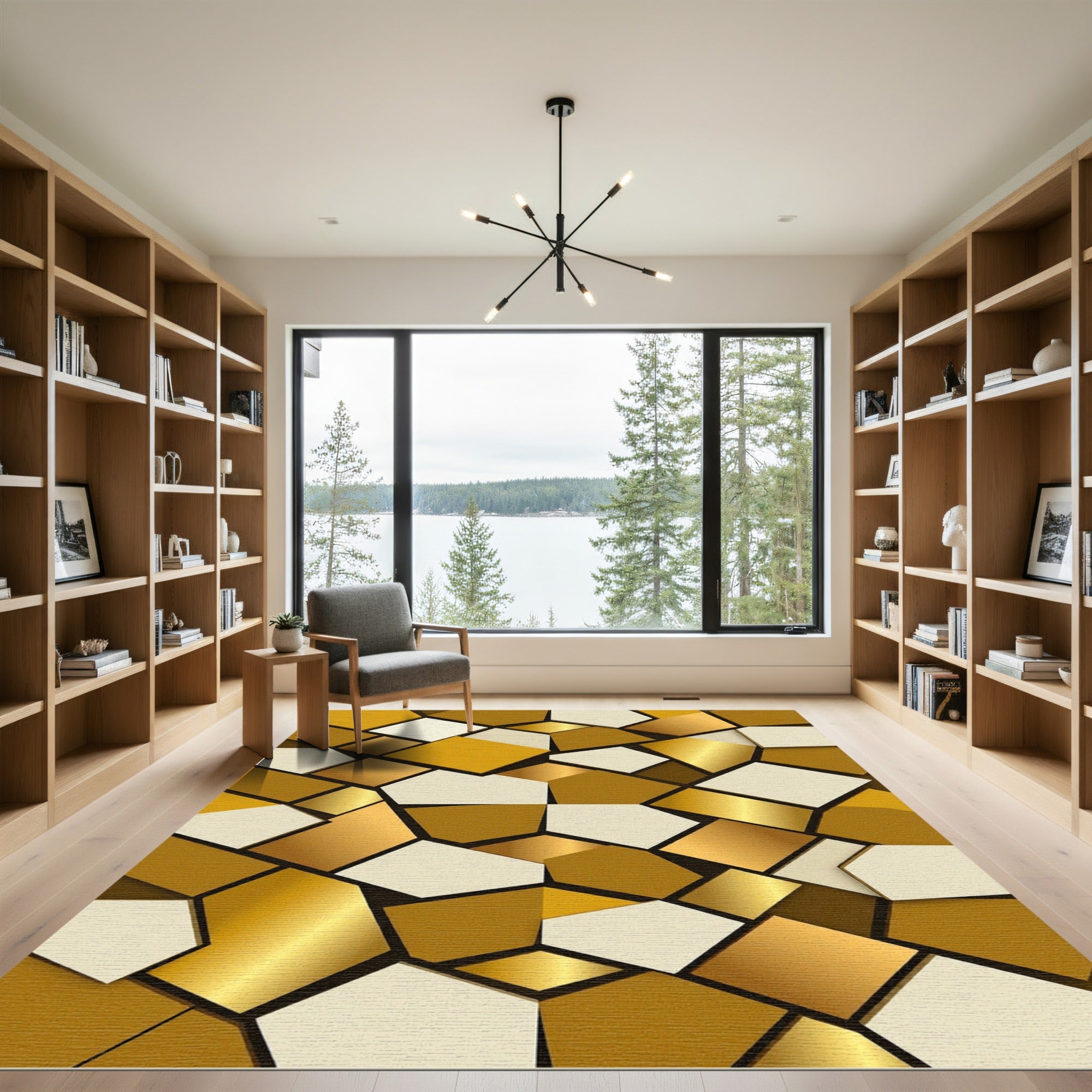 Modern Geometric Metallic Gold Ivory Tile Rug