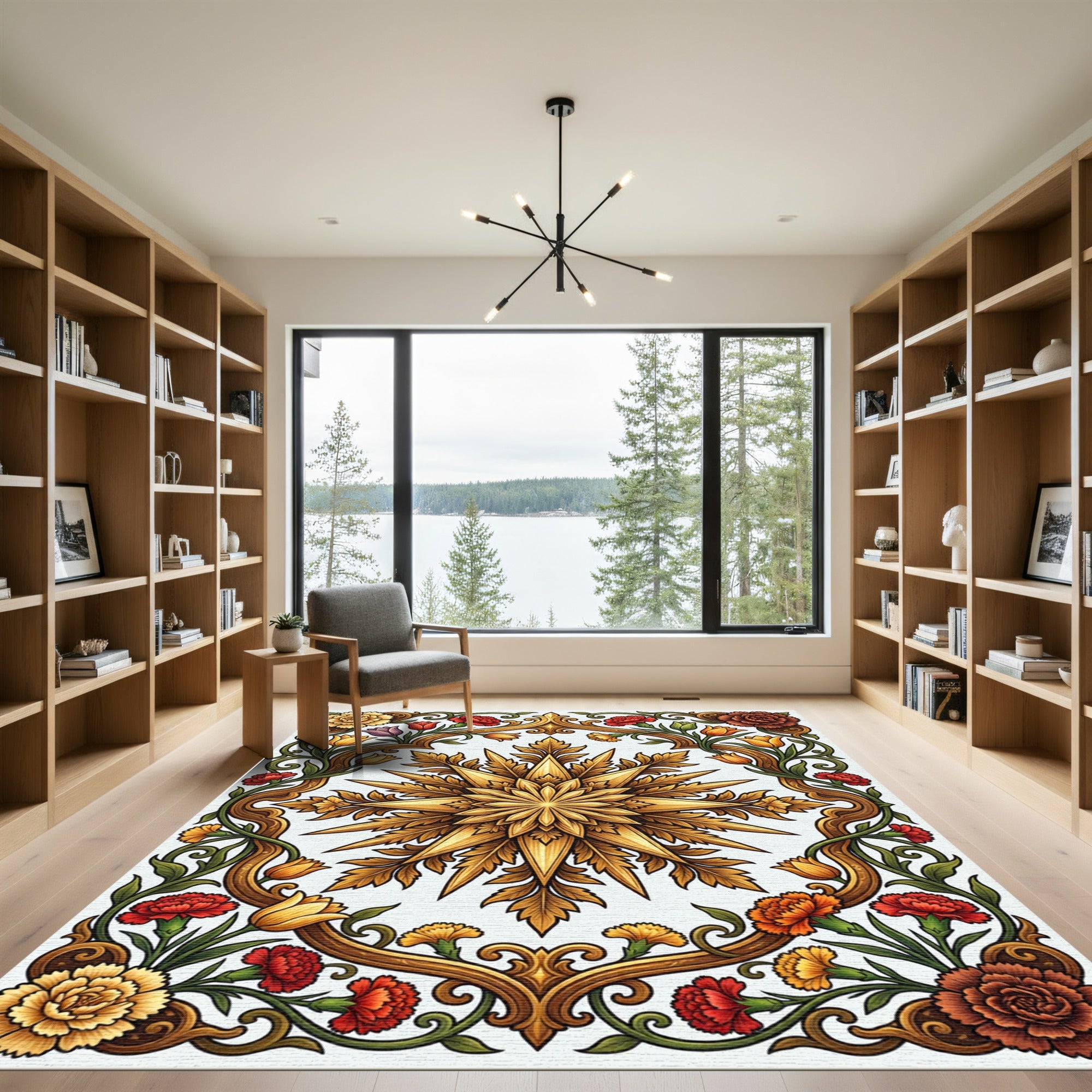 Golden Botanical Star and Floral Frame Rug