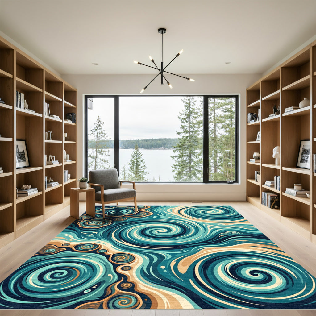 Abstract Teal And Tan Swirling Currents Rug