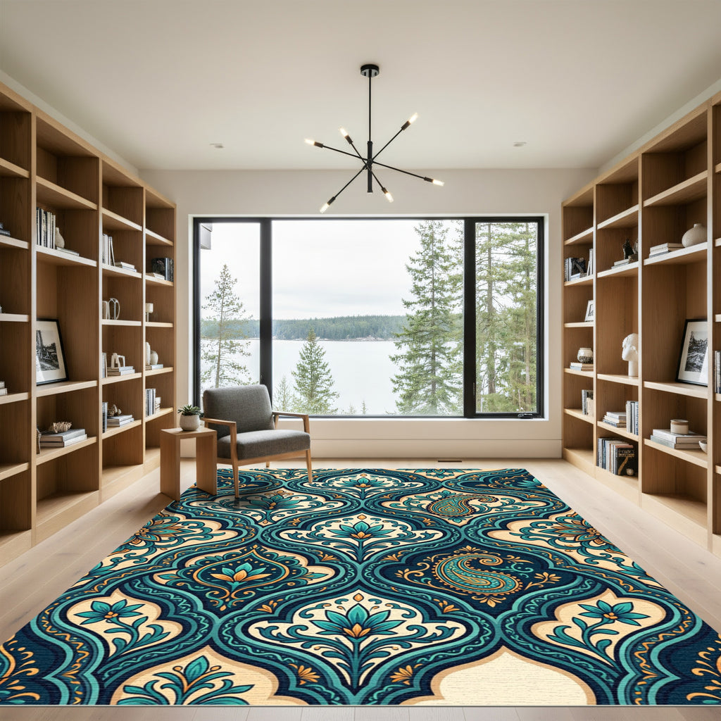 Teal Paisley Floral Damask Medallion Rug